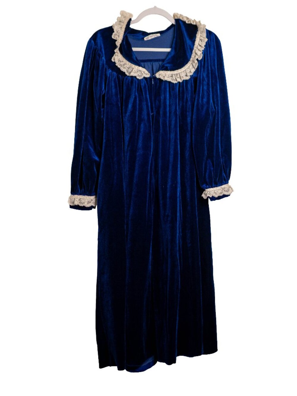 Vintage Komar Royal Blue Velvet House Coat Robe w/ Lace - US Made - Size Large